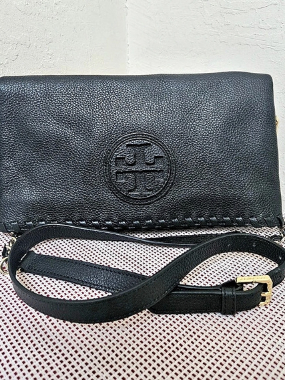 Tory Burch Black Leather Medium Fold Over Shoulder Bag